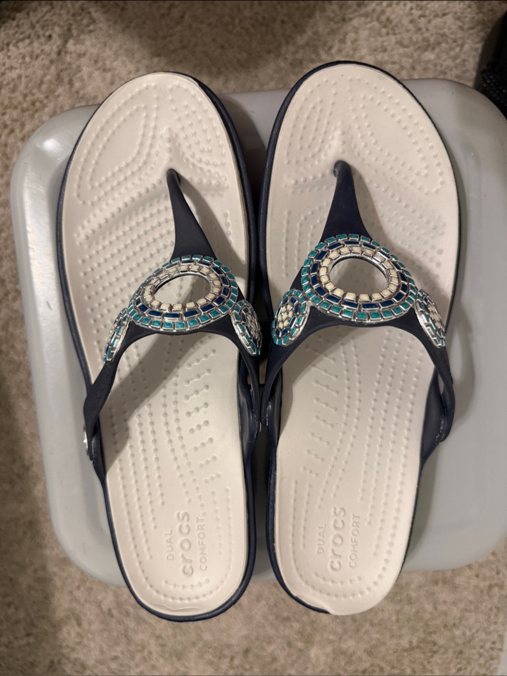 CROCS Women's Navy and White Jeweled Thong Sandals